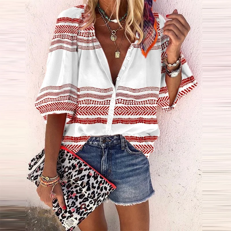 Casual V-neck printed blouse
