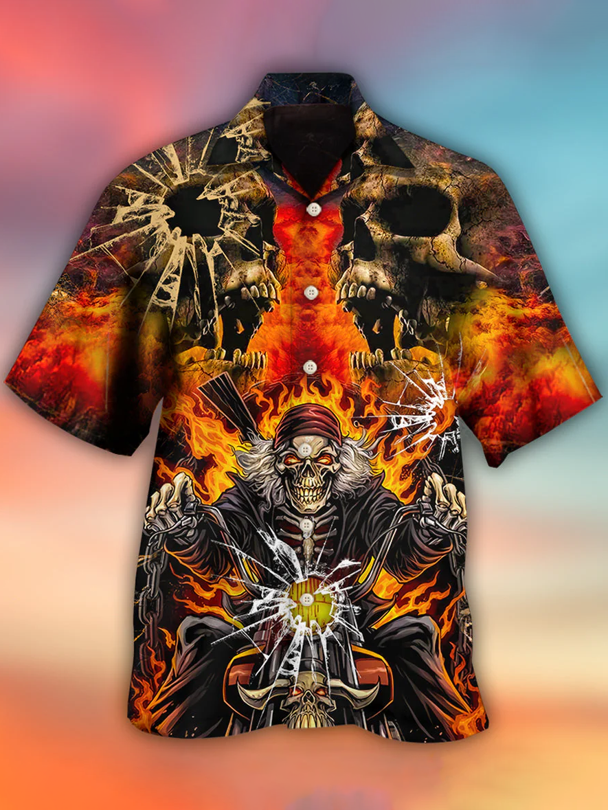 Men's Vintage Horror Skull Flame Cuban Collar Print Shirt PLUSCLOTHESMAN