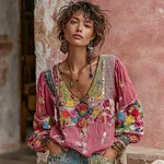 Women's Bohemian Floral Embroidery Art Print V-neck Long Sleeve Linen Blend T-shirt - Image 2