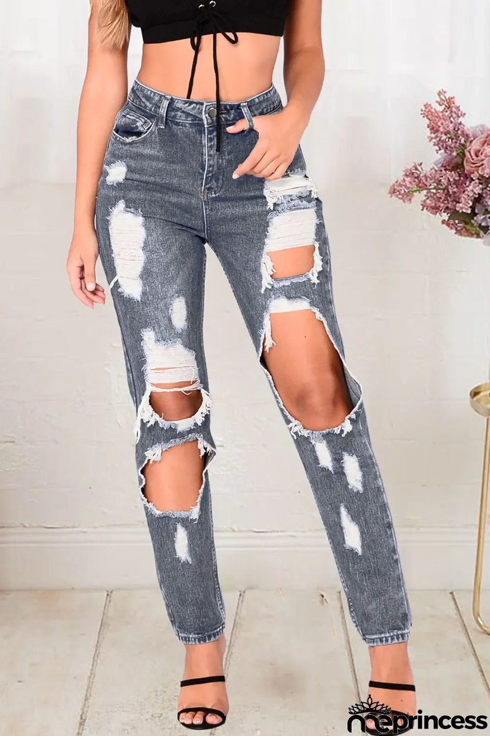 Grey Street Solid Ripped Buttons Mid Waist Regular Denim