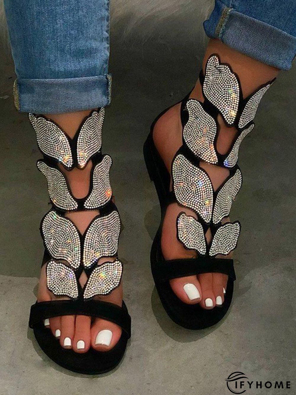 Buckle Open Toe Rhinestone Elastic Band Sandals | IFYHOME