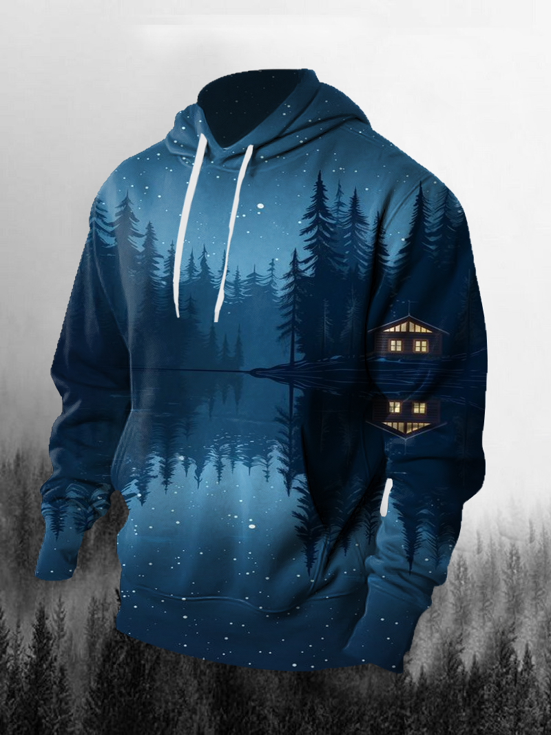 Men's Forest Riverside Starry Sky Print Hoodie