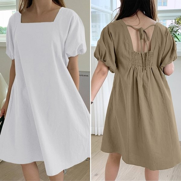 Oversized Women Retro Loose Party Solid Cotton Short Sleeve Sundress Elastic Cuff Mini Shirt Dress - Life is Beautiful for You - SheChoic