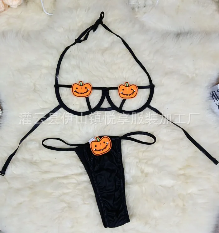 Churchf Halloween Strip Steel To Pumpkin Demon Strap Bikini Role-Playing Lingerie Set