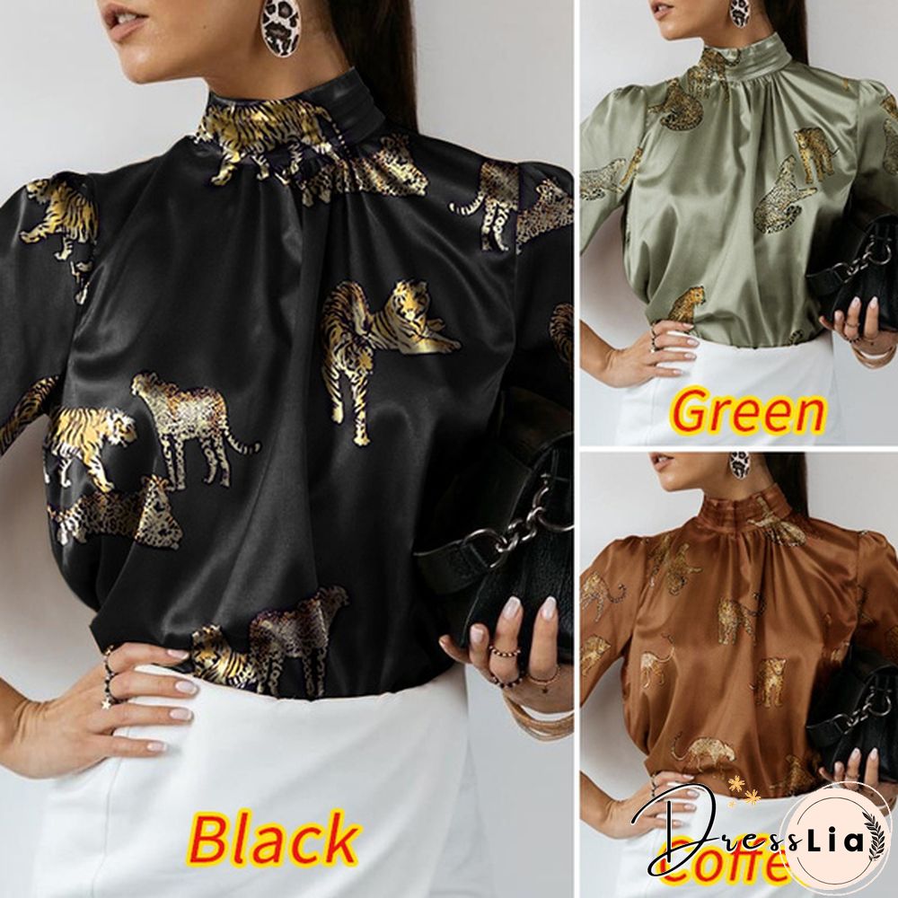 Celmia Women Long Sleeve Stand Collar Shirt Animal Print Tops Elegant Casual Loose Blouses Plus Size