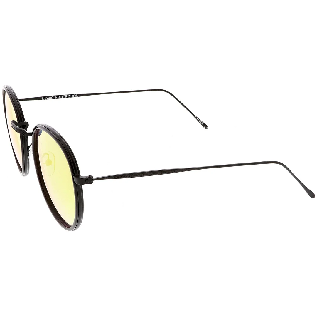 Modern Round glasses Engraved Slim Metal Arms  Color Mirrored Flat Lens 51mm