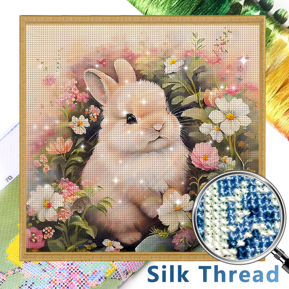 Rabbit B Among Flowers Full 11CT Pre-stamped Canvas(50*50cm) Silk Cross Stitch