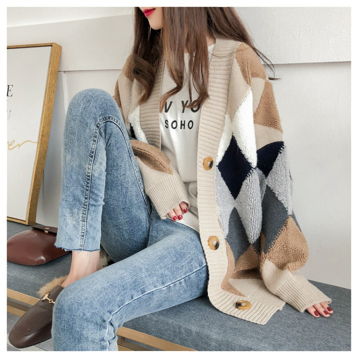 Literary Rhombus Plaid Sweater Outerwear