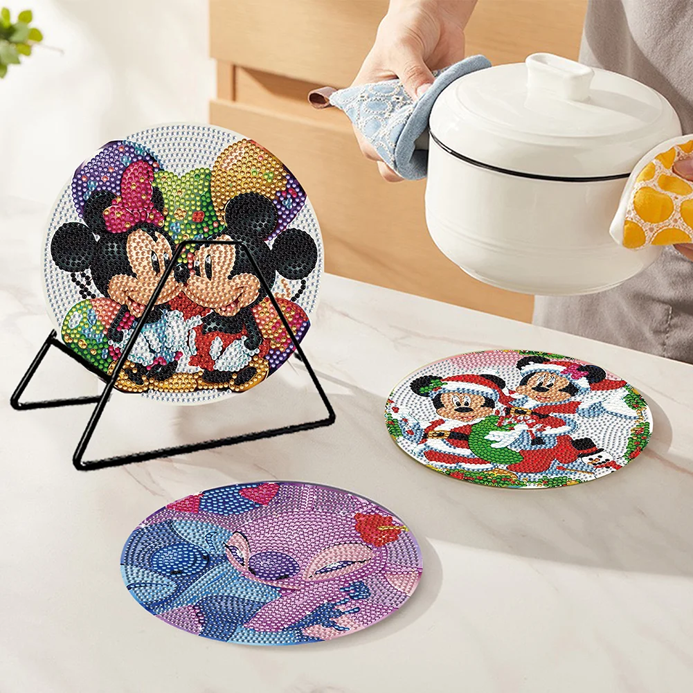 4pcs DIY Disneyland Cartoon Wooden Diamond Painted Placemats for Dining Table Decor(16*16cm)
