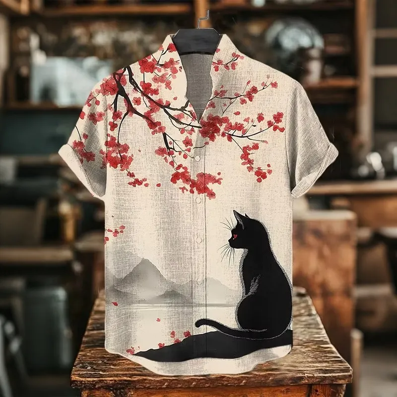 Men's Landscape Painting Black Cat Under A Cherry Tree Art Print Casual Shirt  artssus