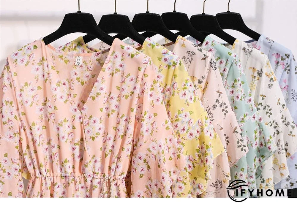 Spring Summer Chiffon Women V-Neck Floral Print Short Dresses Sweet Ruffle Sleeeve Slim Drawstring Ladies Dress | IFYHOME