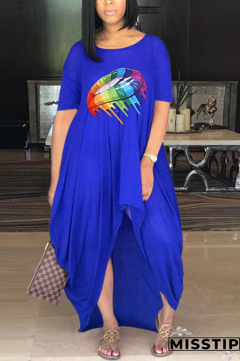 Blue Fashion Printing Loose Irregular Dress