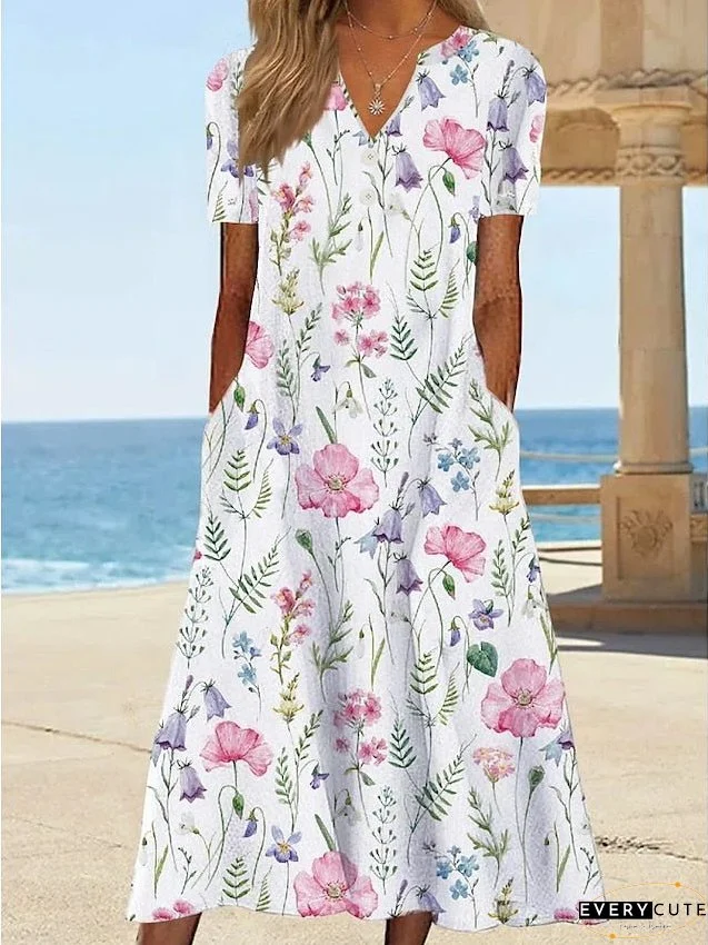 Casual Dress T Shirt Dress Tee Dress Shift Dress Midi Dress White Yellow Pink Short Sleeve Floral Print Summer Spring V Neck Basic Vacation Summer Dress Spring Dress S M L XL XXL 3XL for Women