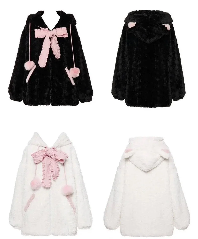 Pink Black Kitty Hoodie Tie Bowknot Coat - Heartzcore