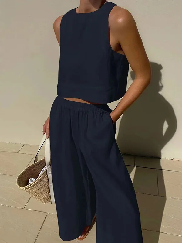 Solid Color Loose Round-Neck Sleeveless Vest + Elasticity Wide Leg Pants Two Pieces Set