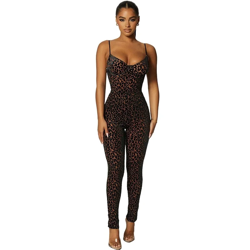 Yiallen Autumn Fashion Leopard Print Sexy V Neck Skinny Jumpsuits Women Sleeveless Backless Workout Female Rompers Activewear