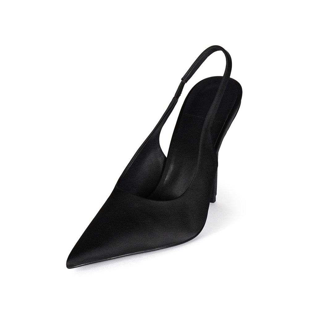 Black Satin Slip-On Pointed Toe Stiletto Heel Slingback Pumps Nicepairs