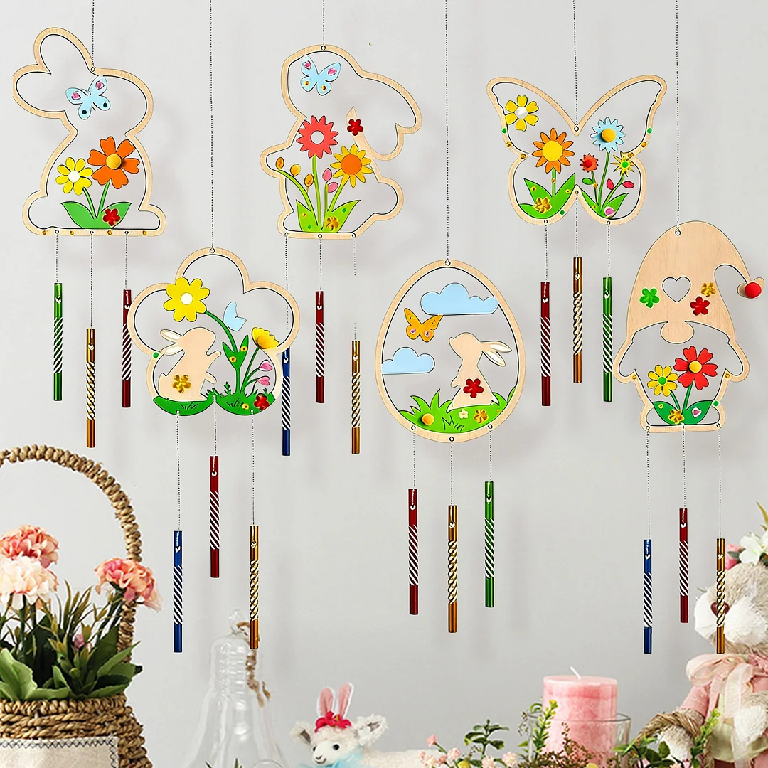 Easter Wind Chime Making Kit Diamond Painting Hanging Pendant Make Your Own 5D DIY Diamond Painting Dots Pendant Wooden Ornaments for Garden Window Decoration
