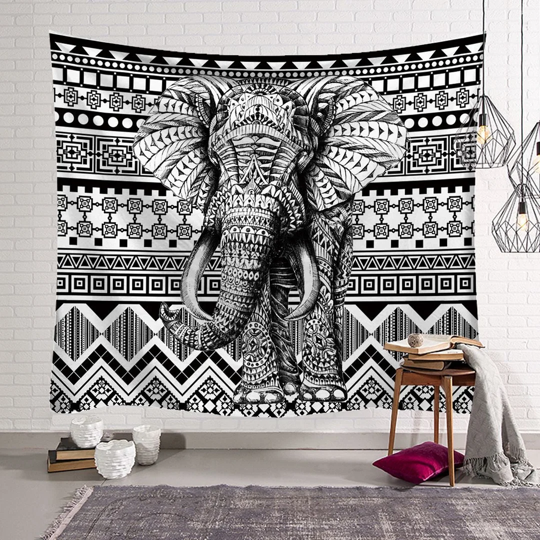 Indian Elephant Print Wall Hanging Carpet Throw Yoga Mat for Home Bedroom Decor Mandala Polyester Square Tapestry Boho Carpets