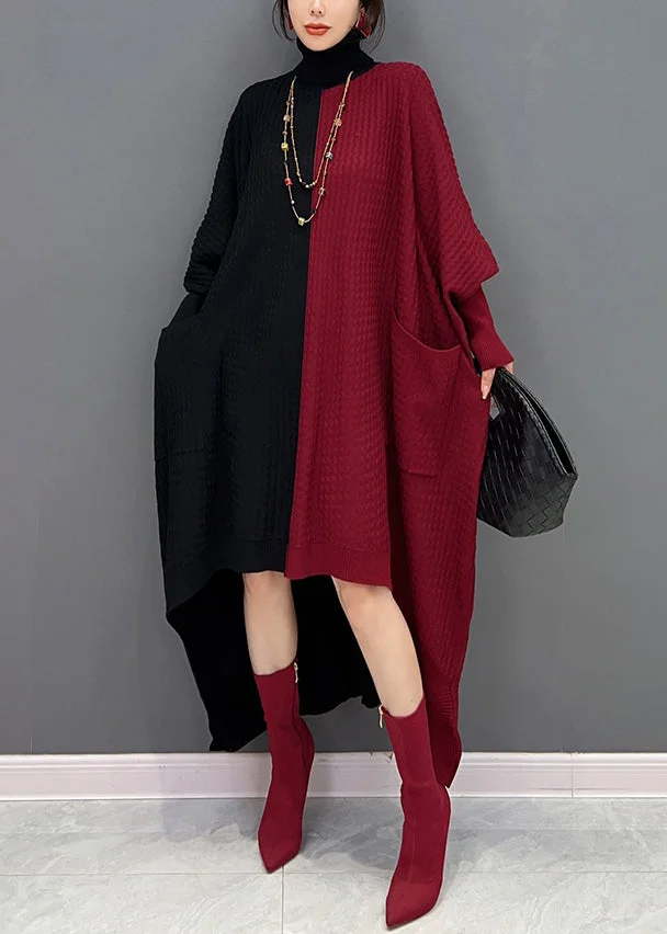 Women Red Black Hign Neck Asymmetrical Patchwork Knit Dresses Batwing Sleeve