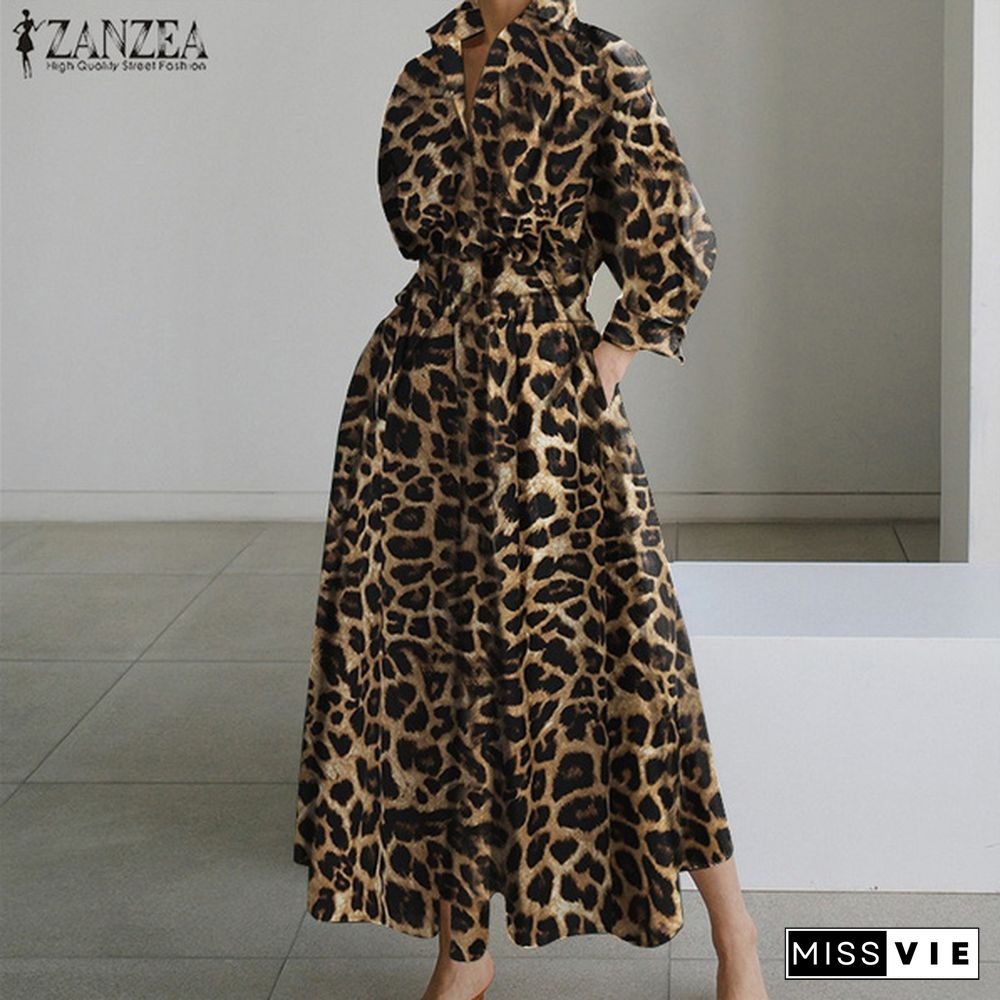 Womens Bohemian Leopard Print Maxi Dress Elegant Full Sleeve Casual Swing Mid-Calf