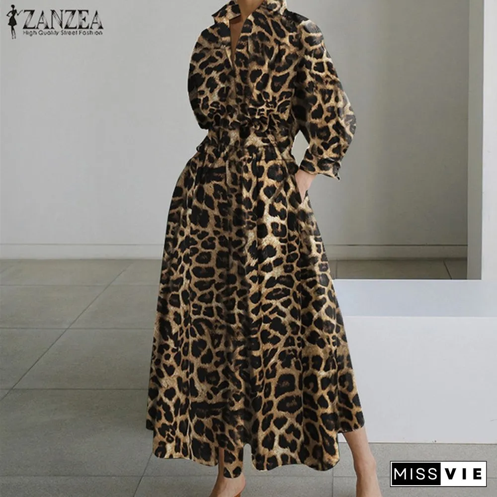 Womens Bohemian Leopard Print Maxi Dress Elegant Full Sleeve Casual Swing Mid-Calf