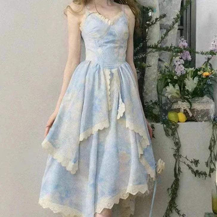 Aiertu - Gilded Frame Paintings of Heavenly Blue Skies Maxi Dress Mermaidcore Kawaii Academia Y2K Cottagecore Coquette Fairycore Dollette Princesscore Aiertu