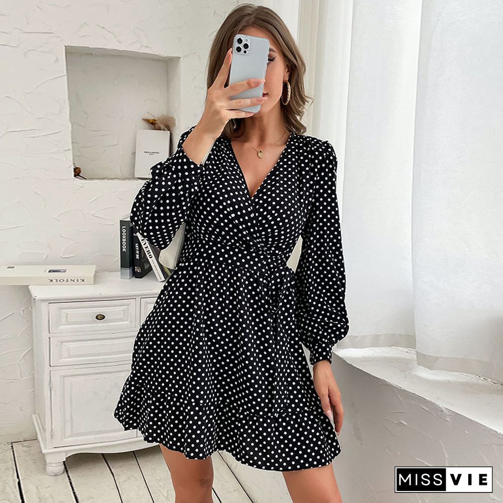 Elegant Women's Dot Print Dress Spring And Autumn New Hot Sale V-neck A-Line Mini Dresses Women Lace-up Dress Vestidos