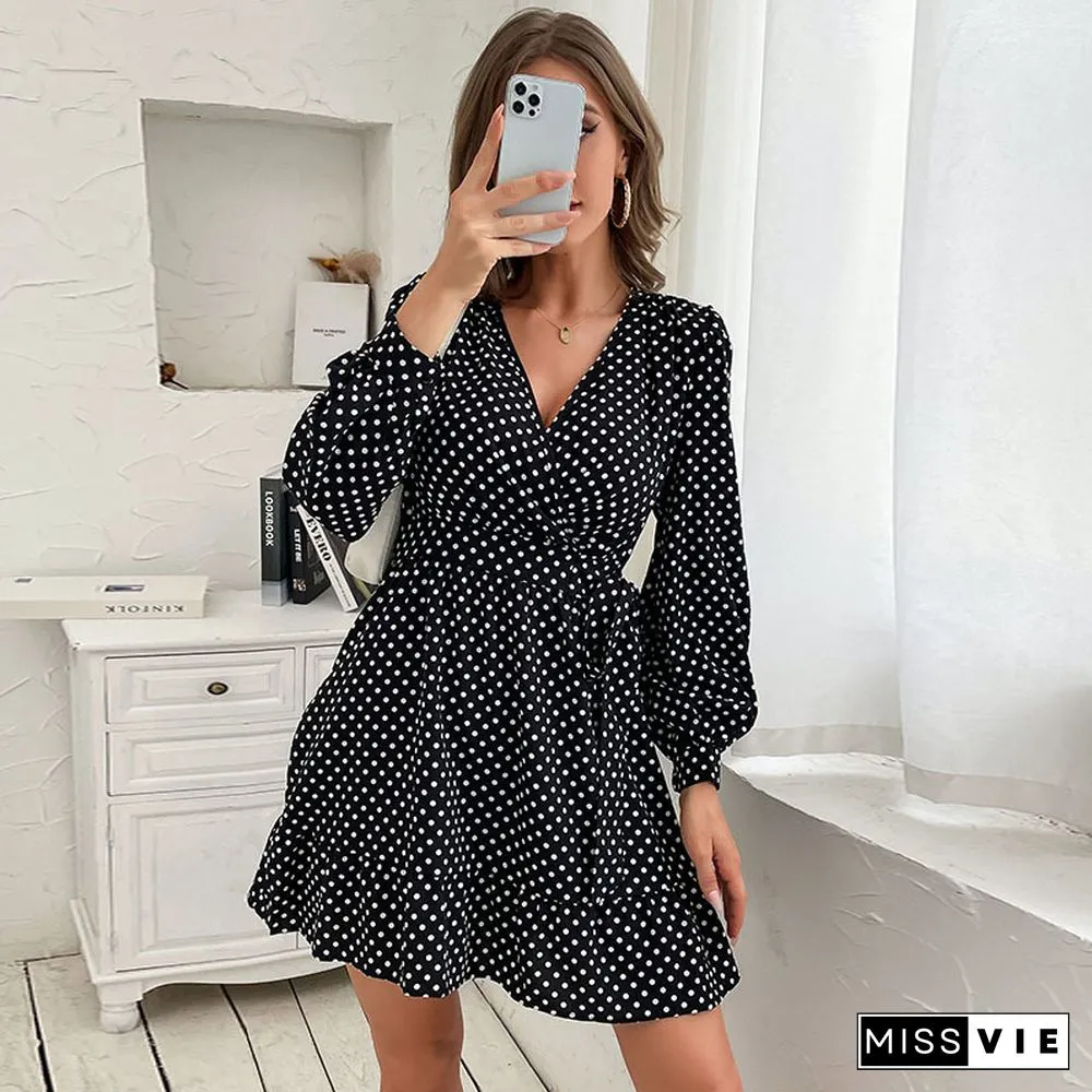 Elegant Women's Dot Print Dress Spring And Autumn New Hot Sale V-neck A-Line Mini Dresses Women Lace-up Dress Vestidos