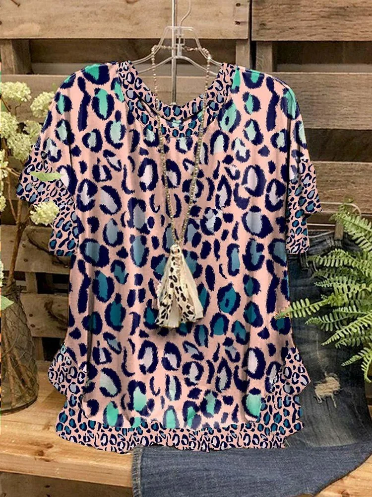 Women's Summer New Round Neck Leopard Print Casual Short Sleeve Tops