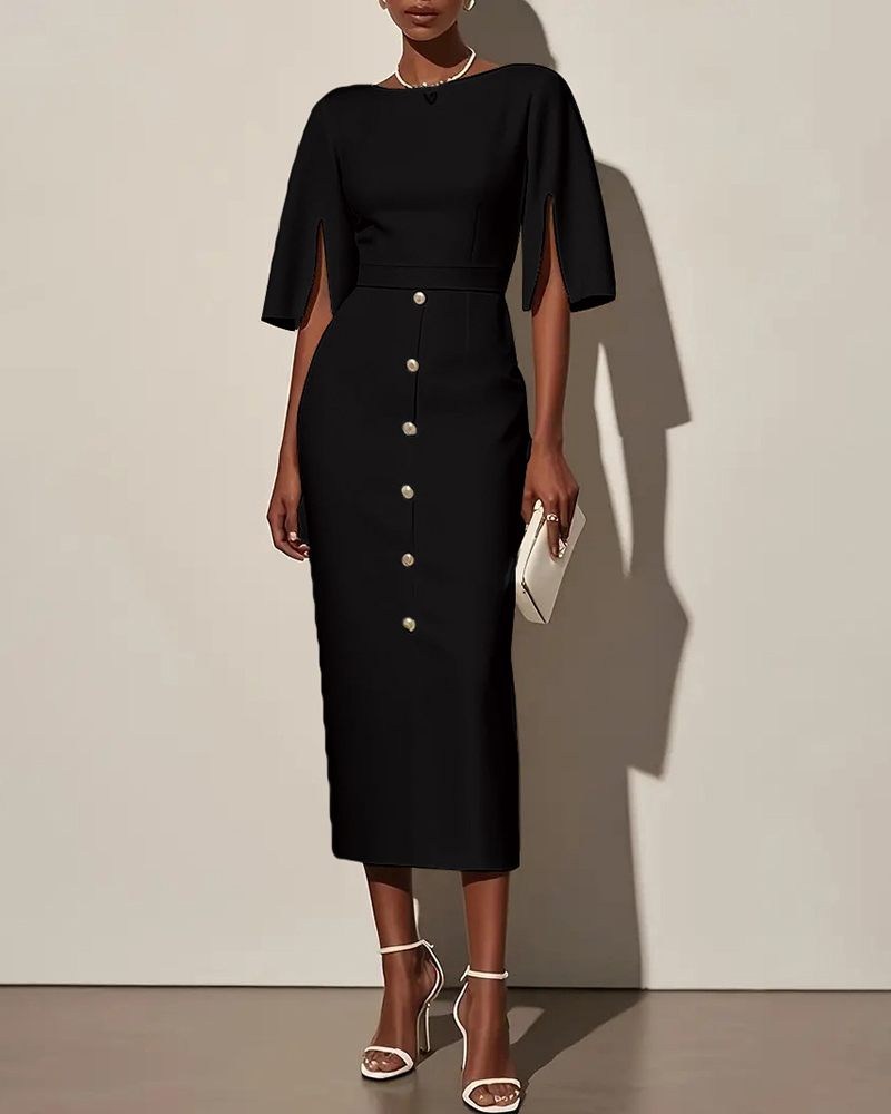 Split Sleeve Round Neck Row Of Decorative Buttons Pencil Skirt Midi Dress