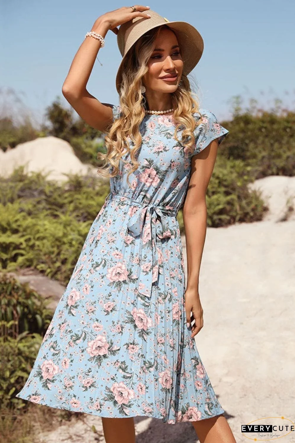 Floral Tie-Waist Pleated Dress