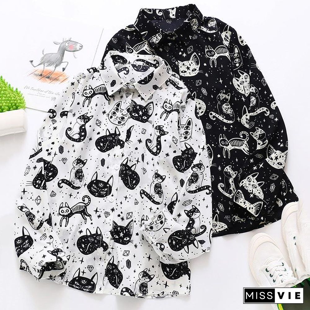 Cute Kitten Print Long Sleeve Shirt