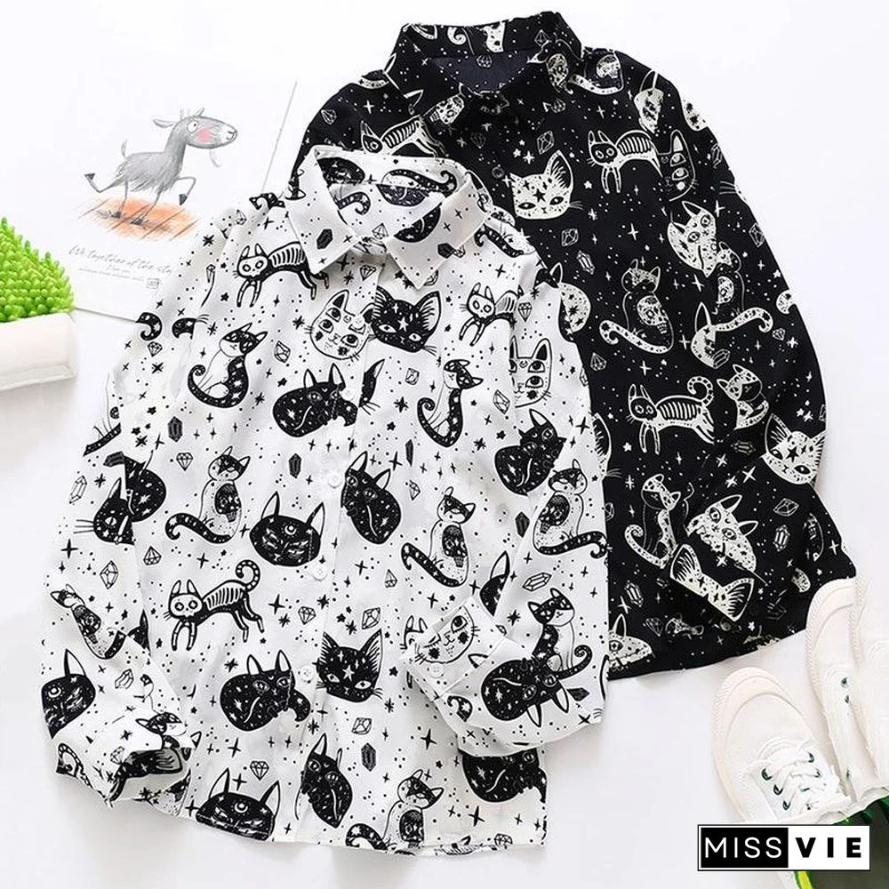 Cute Kitten Print Long Sleeve Shirt