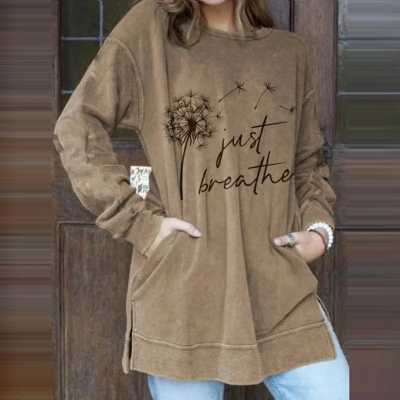 Fashion Autumn Dandelion Print O Neck Long Sleeves Tops Casual Split Sport Streetwear T-shirts Vintage Elegant Women's Pullover