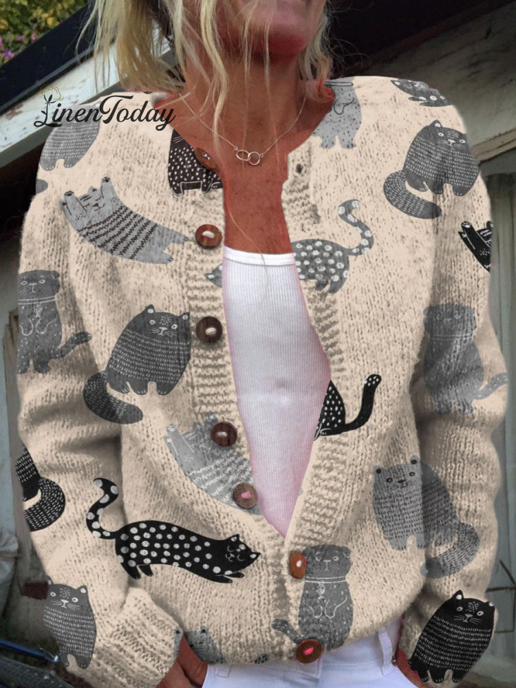 Decorative Pattern With Cute Cats Playing Buttoned Cardigan Sweater Multicolor / S