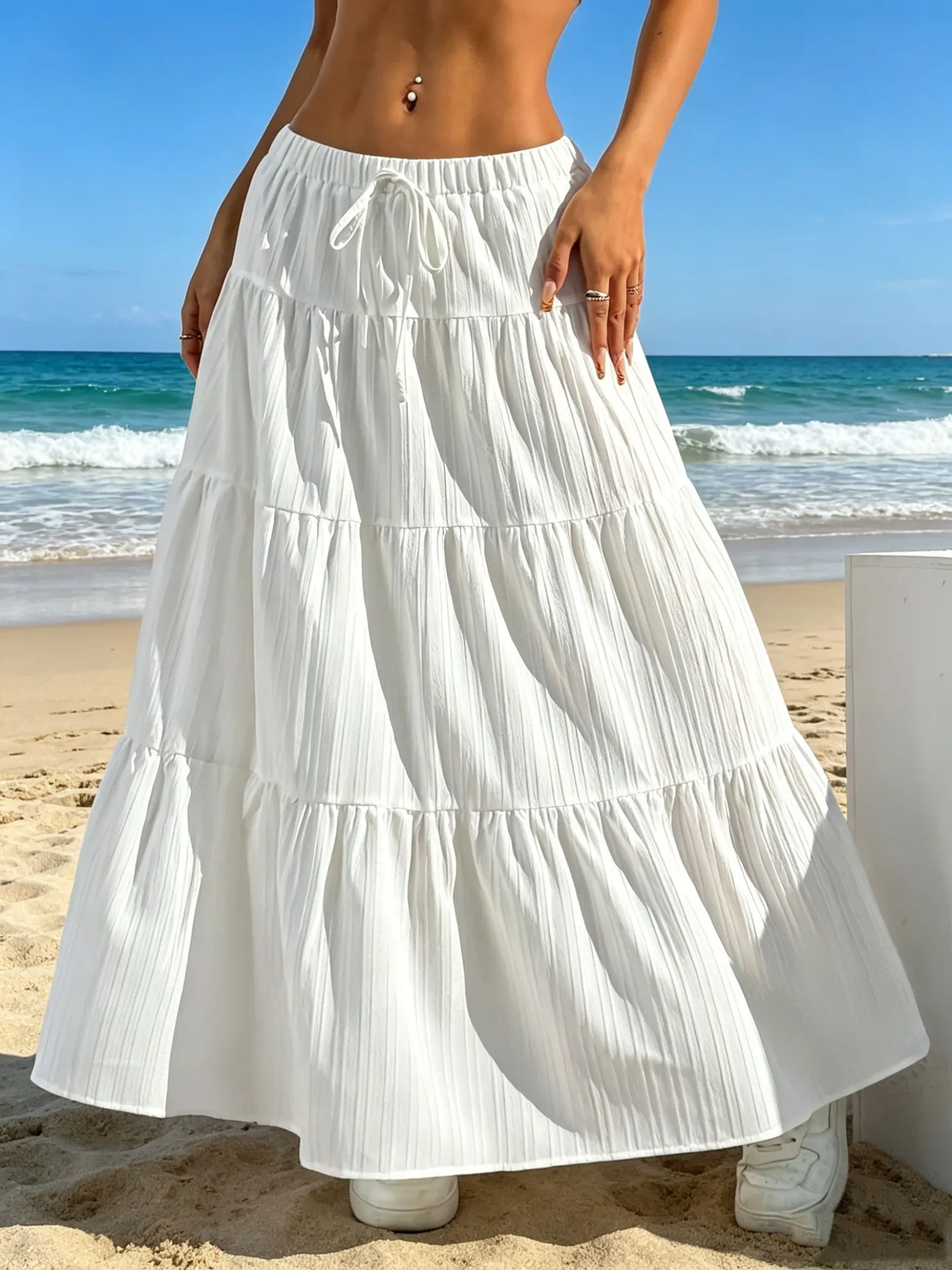 Women Boho White Tiered Maxi Skirt