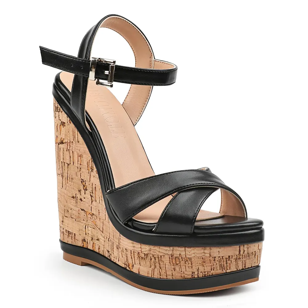 150mm/5.9" Women's Fashion Platform Wedge Sandals Heeled Buckle Shoes For Summer-vocosishoes
