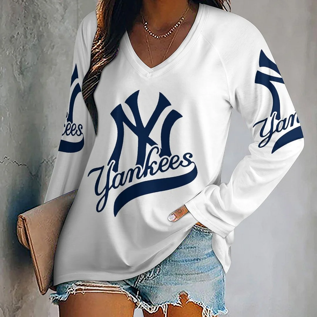 V-neck Long Sleeve Casual T-shirt for  Women and Men Printed with Pattern ,Blue