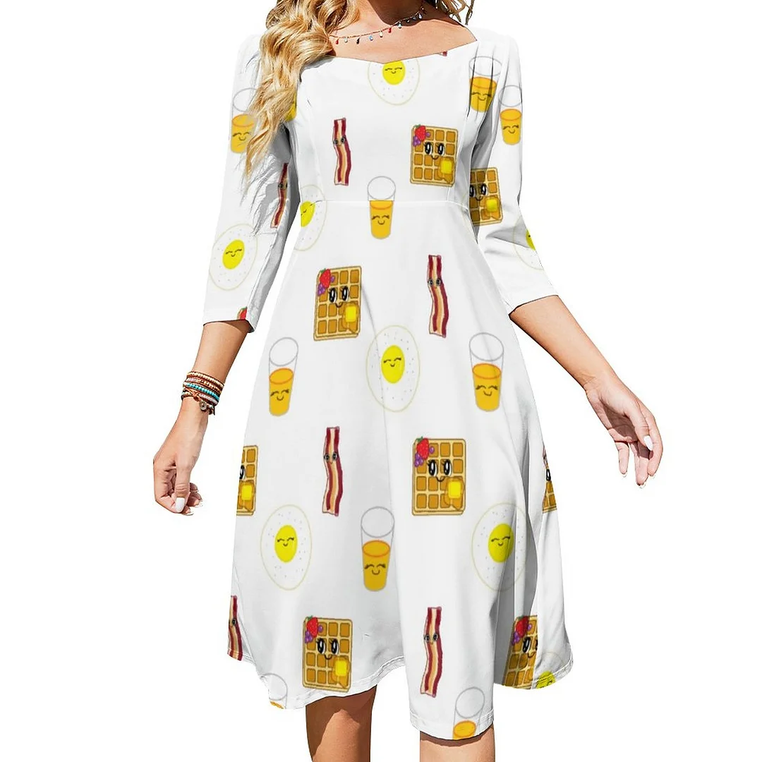 Breakfast Food Fried Eggs Waffles Bacon Dress Sweetheart Tie Back Flared 3/4 Sleeve Midi Dresses