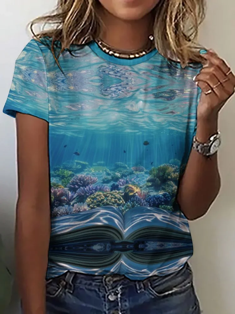 Printed Short Sleeve Casual T-shirt for  Women and Men Unisex Pattern Ocean, Blue, Sea, Fish
