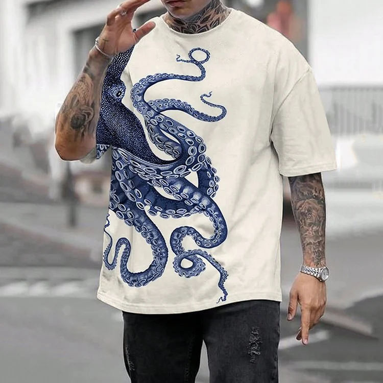 Men'S Japanese Art Octopus Graphic Printed Casual T-Shirt