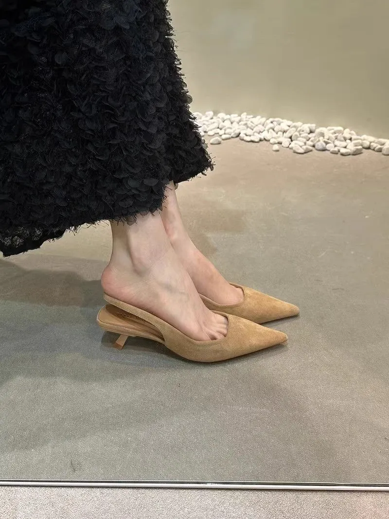 Breakj Breakj Retro Temperament Famous Head Pointed Sandals Women Summer Velvet Fine Heel Fairy High Heels Behind Empty Single Shoes