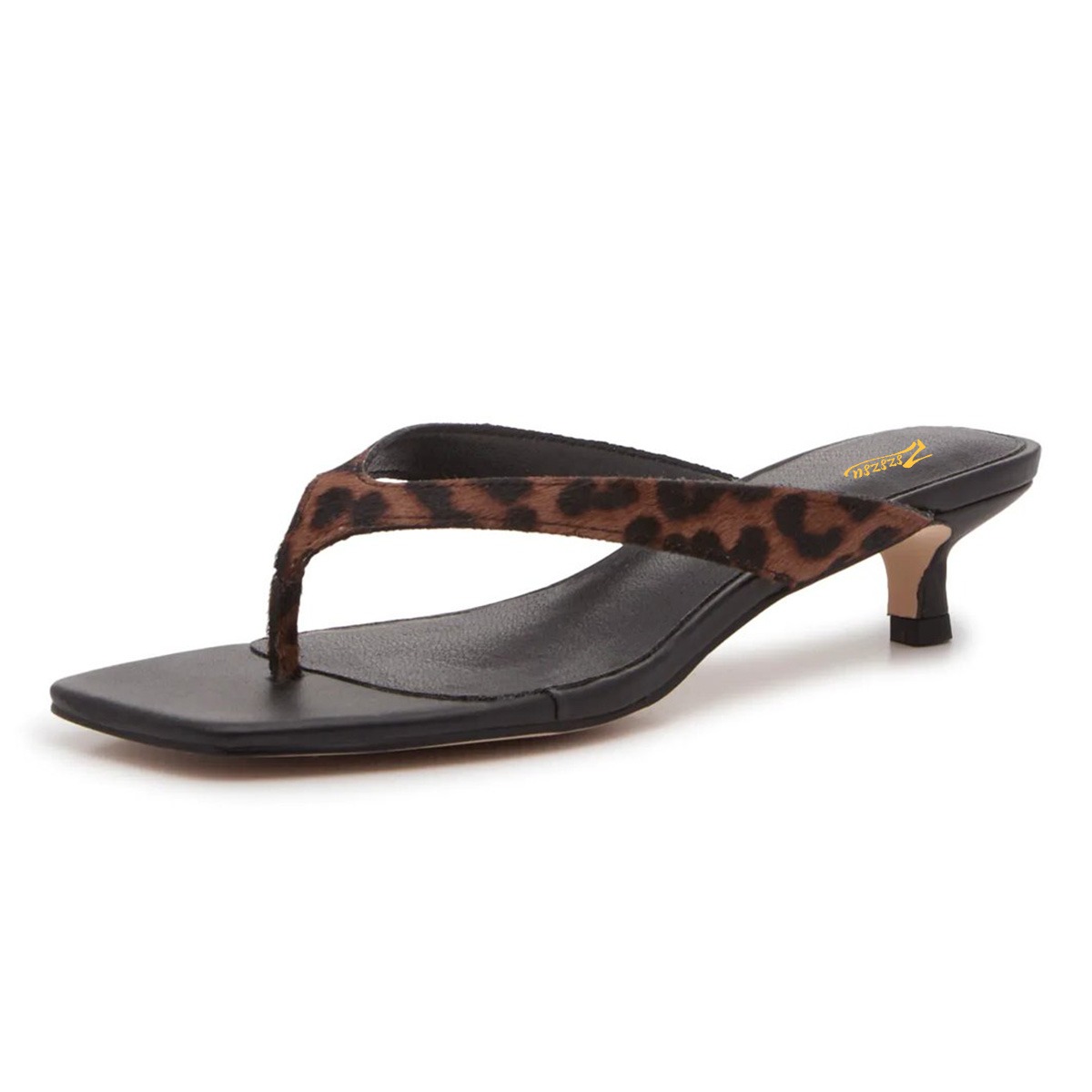Black and Brown Leopard Open Toe Kitten Heel Flip Flops for Women Nicepairs