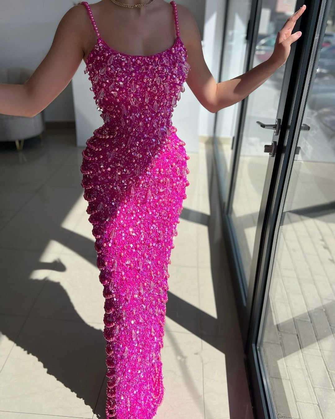 Fuchsia Acrylic Spaghetti-Straps Close-Fitting Mermaid Prom Dress With Pearls Sequins ZT0010