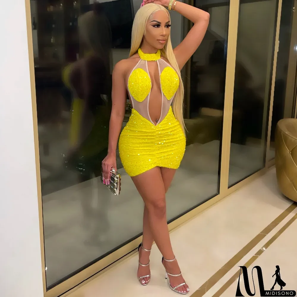 MidiSono - Hot Sale Hollow Fashion Sequin Sequin Halter Back Nightclub Dress