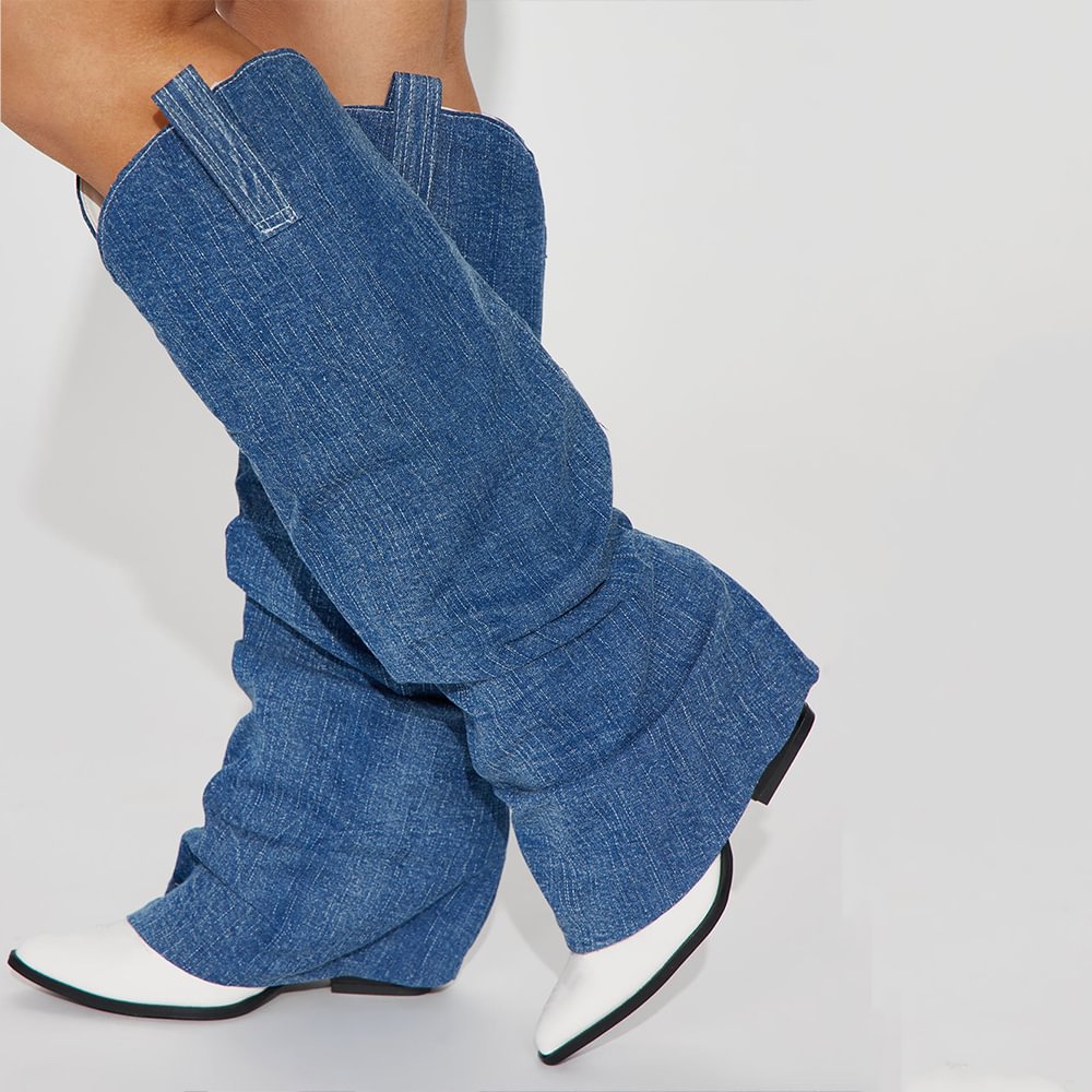 White Leather Blue Denim Pointed Toe Slouch Spool Heel Knee High Boots Nicepairs