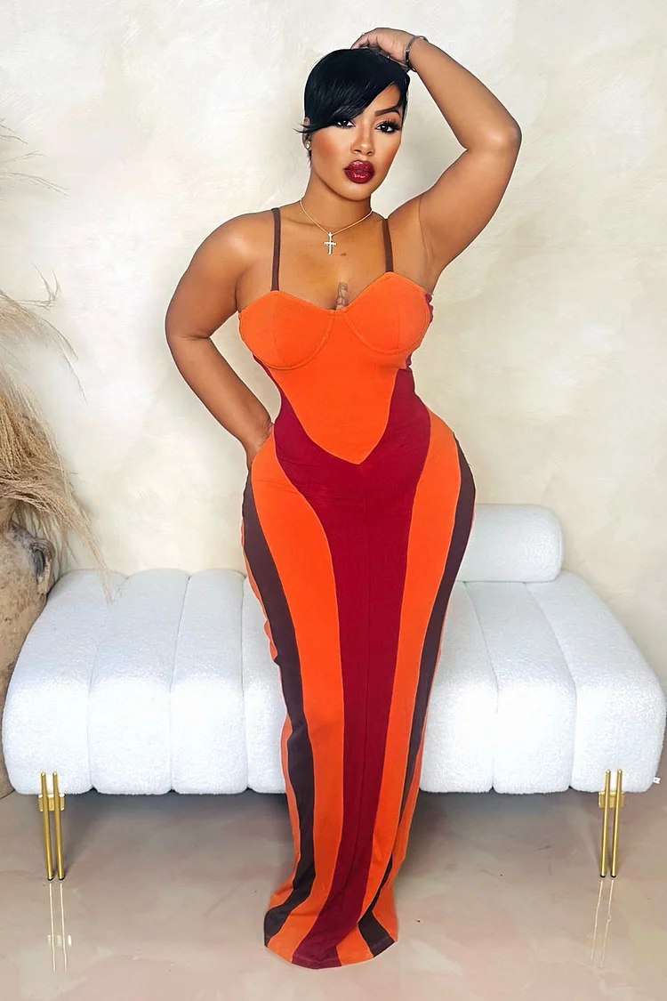 Colorblock Slim-Fit Daily Vacation Slip Maxi Dresses-Orange [Pre Order]
