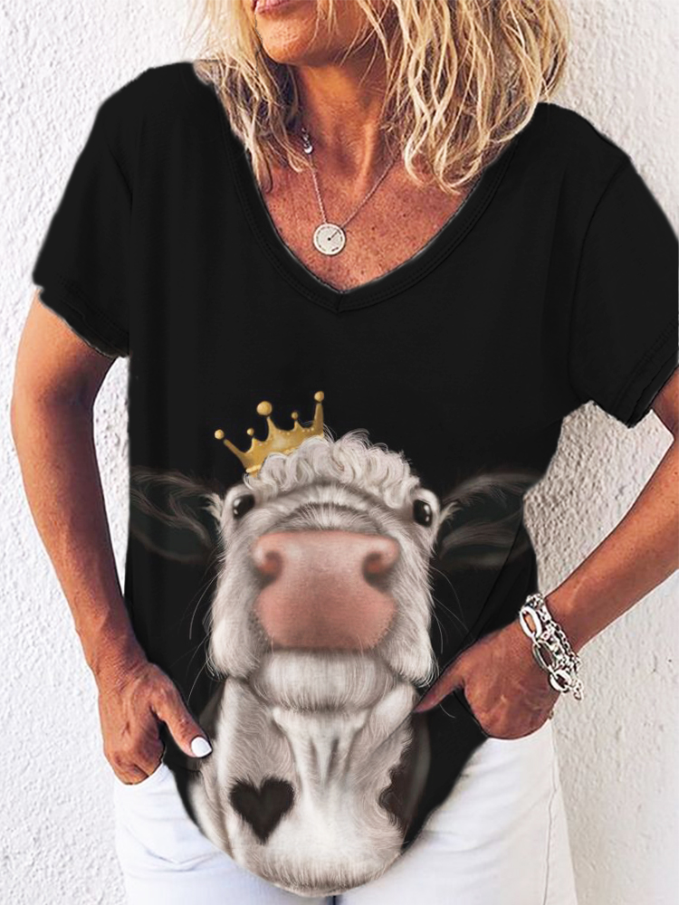 Cute Cow Print V Neck Short Sleeve T Shirt wearshes