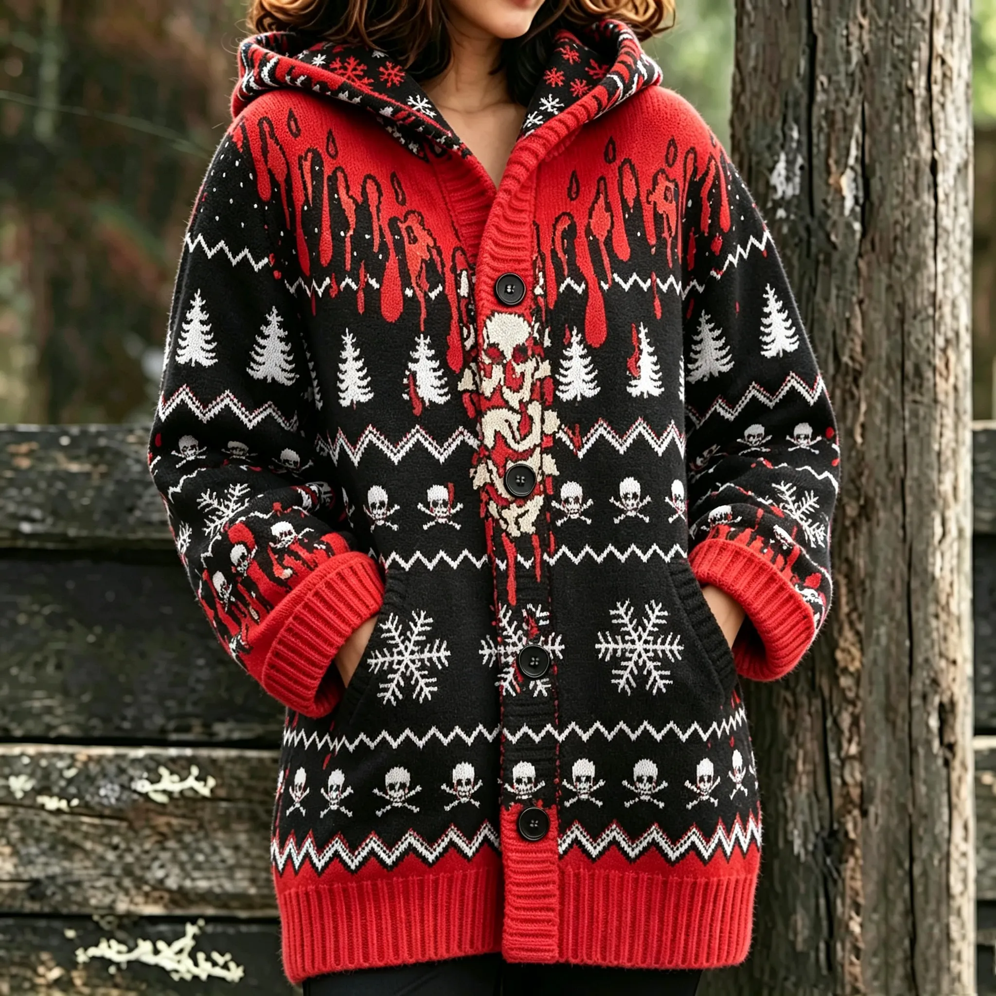 Comstylish Women's Halloween Christmas Tree Bloodstain Snowflake Skull Print Hooded Cardigan Sweater